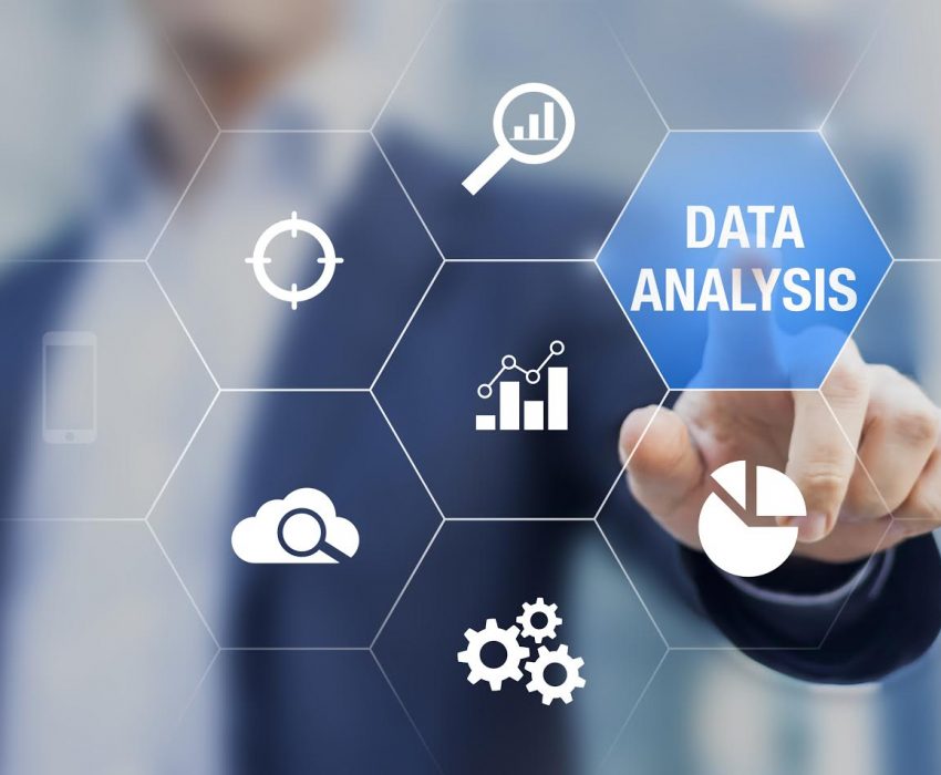 Consultant showing data analysis concept on screen with charts for business intelligence and strategy